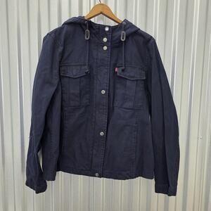 Levis Women's Large Zip Coat Jacket Hoodie Dark Navy Blue Drawstring Utility